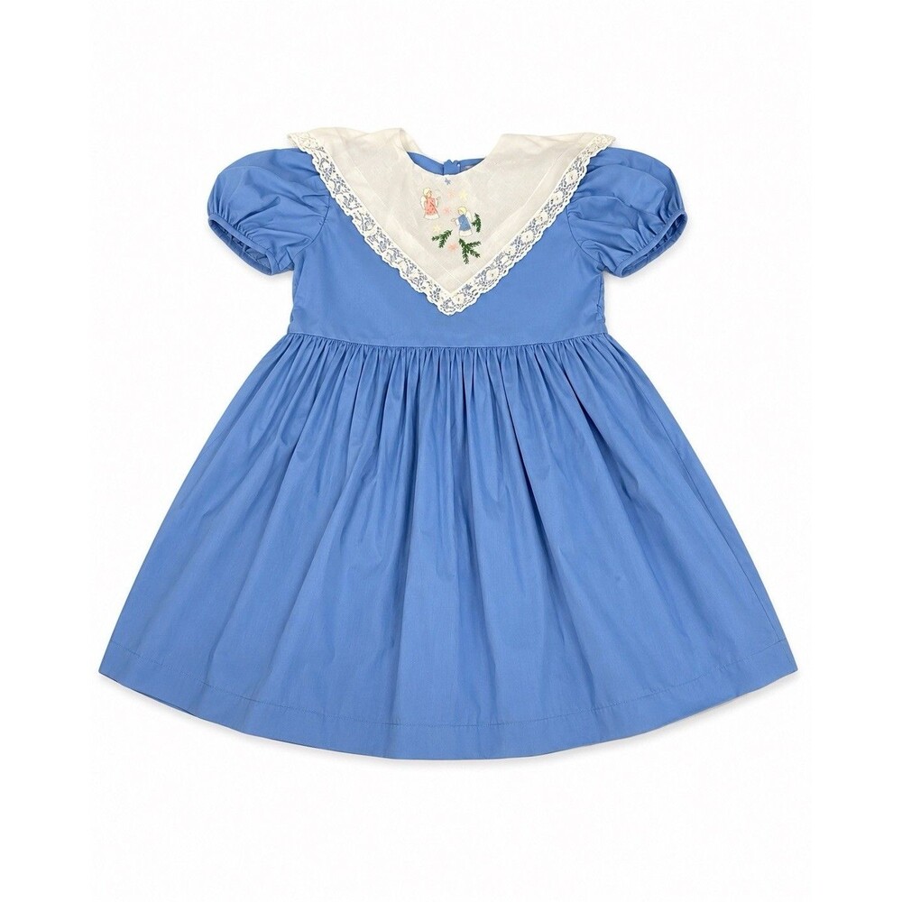 Vintage Girls Blue Dress Angel Embroidered Lace Collar Puff Sleeve Sz 8-10